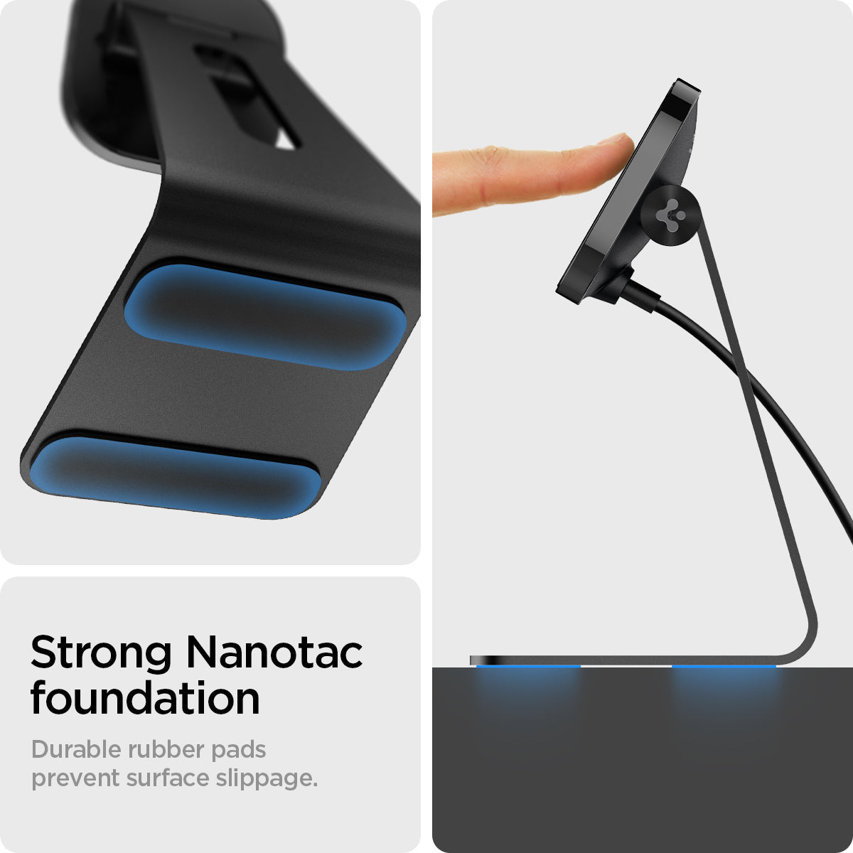 ACH02574 - OneTap Pro Wireless Magnetic Charging Stand (MagFit) in black showing the strong Nanotac foundation. Durable rubber pads prevent surface slippage