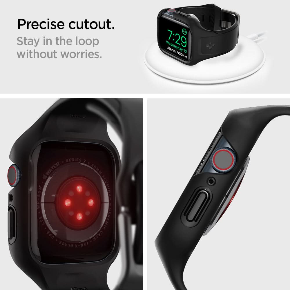 ACS04182 - Apple Watch Series (45mm) Case Liquid Air Pro in black showing the precise cutout. Stay in the loop without worries