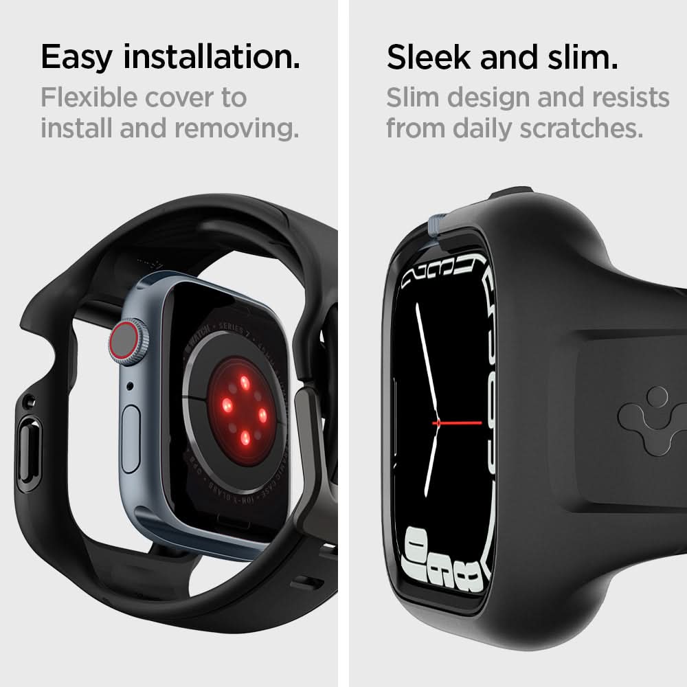 ACS04182 - Apple Watch Series (45mm) Case Liquid Air Pro in black showing the easy installation. Flexible cover to install and removing. Sleek and sim. Slim design and resists from daily scratches