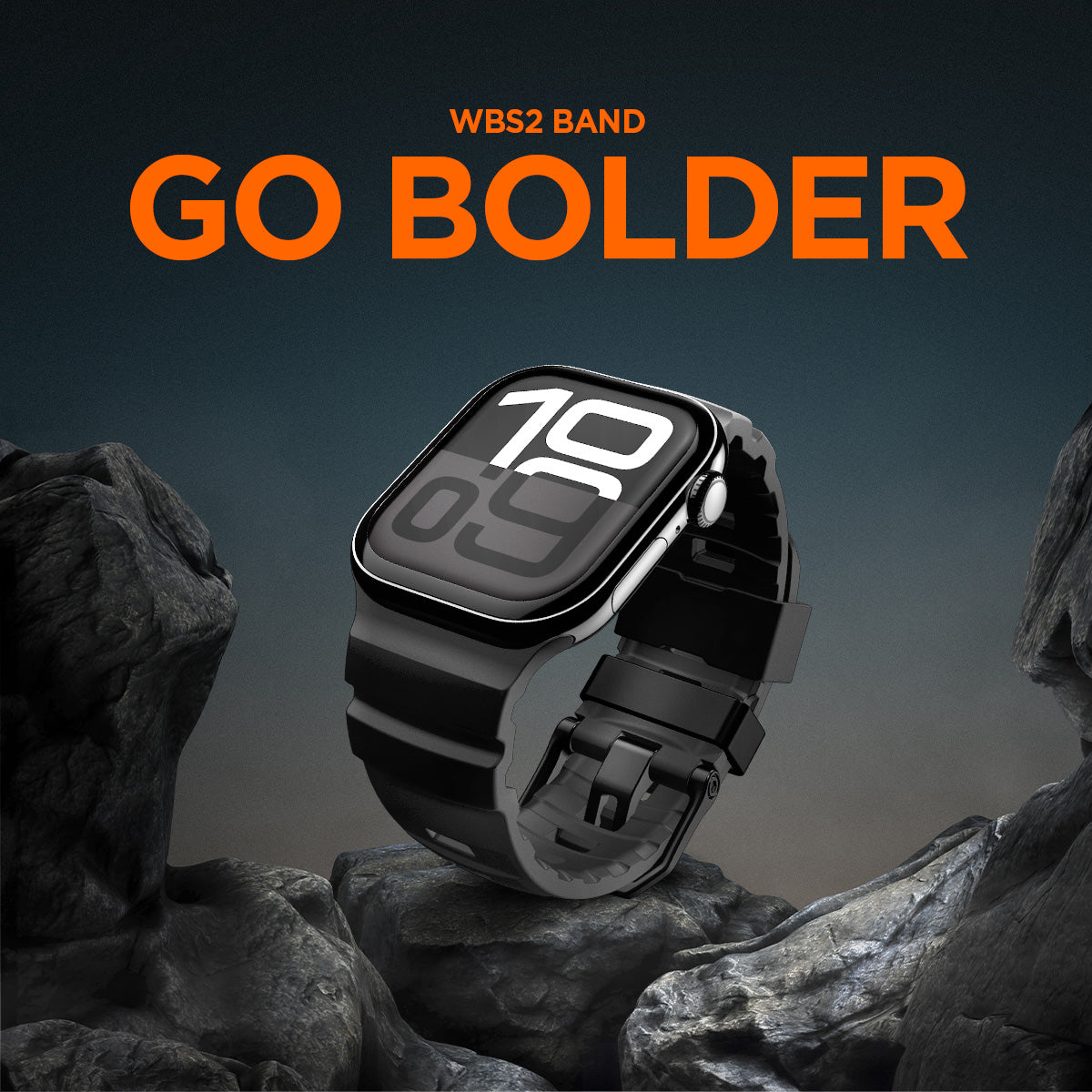 AMP10508 - Apple Watch 10/11 (46mm) WBS2 in black showing the front, partial side and partial inner bottom, on a rocky environment