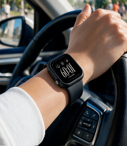 ACS11882 - Person wearing a Spigen Apple Watch case while driving, showing the time on the watch face