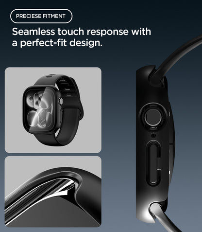ACS11892 - Spigen Apple Watch case shown from the front with insets of the curved bezel edge and the side profile showing the digital crown and button cutouts