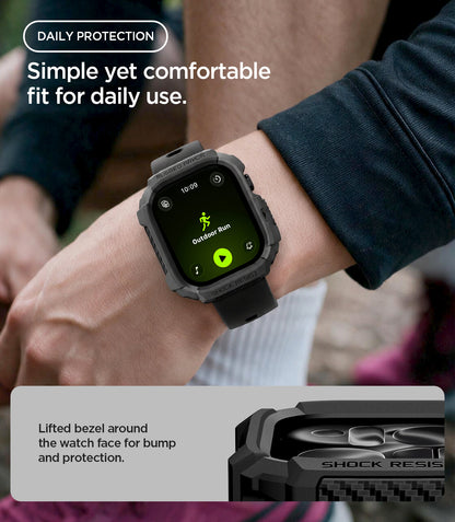 ACS11877 - Apple Watch Series 12(42mm) Case Rugged Armor in Matte Black showing the rugged case worn during outdoor activity with a raised bezel for added screen protection