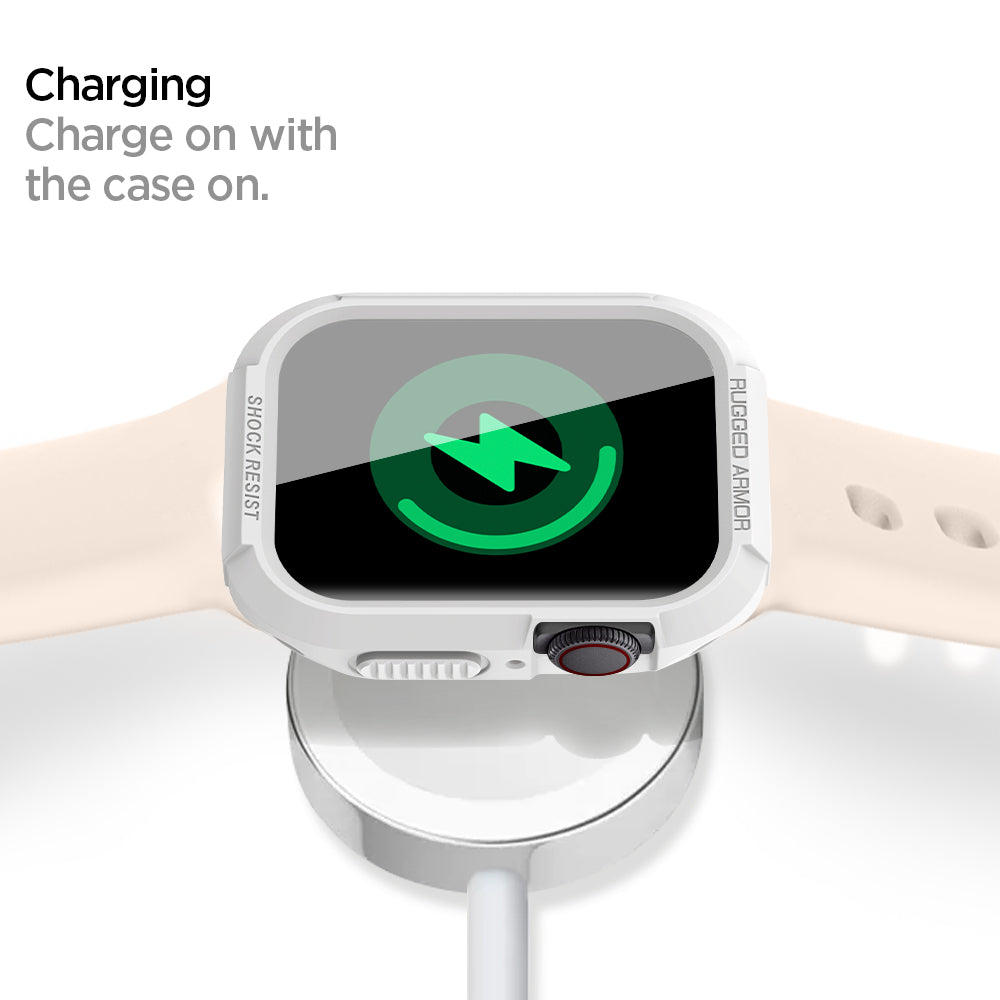 062CS24471 - Apple Watch (45mm) Rugged Armor in White charging on with the case on.