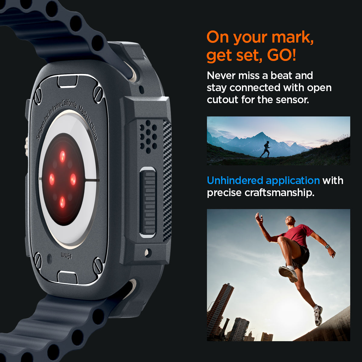 ACS07385 - Apple Watch (49mm) Rugged Armor in Dark Gray never miss a beat and stay connected with open cutout for the sensor. Write down On your mark, get set GO! Unhindered application with precise craftsmanship.