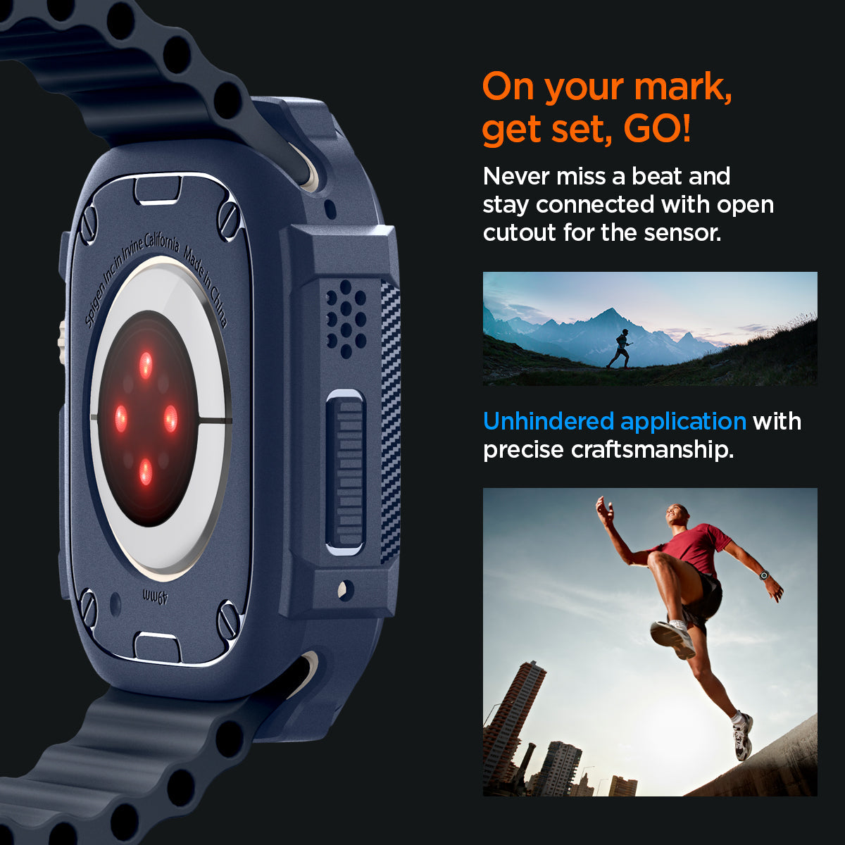 ACS07382 - Apple Watch (49mm) Rugged Armor in Navy Blue never miss a beat and stay connected with open cutout for the sensor. Write down On your mark, get set GO! Unhindered application with precise craftsmanship.