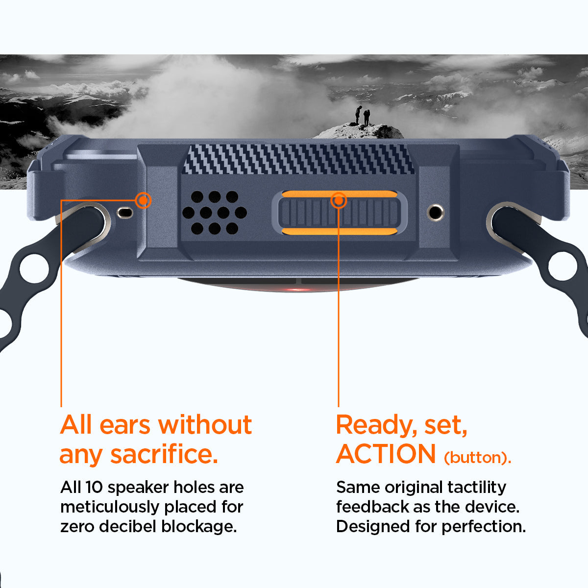 ACS07382 - Apple Watch (49mm) Rugged Armor in Navy Blue has all 10 speaker holes are meticulously placed for zero decibel blockage. All ears without any sacrifice. Also has Ready, set action button. Same original tactility feedback as the device. Designed for perfection.