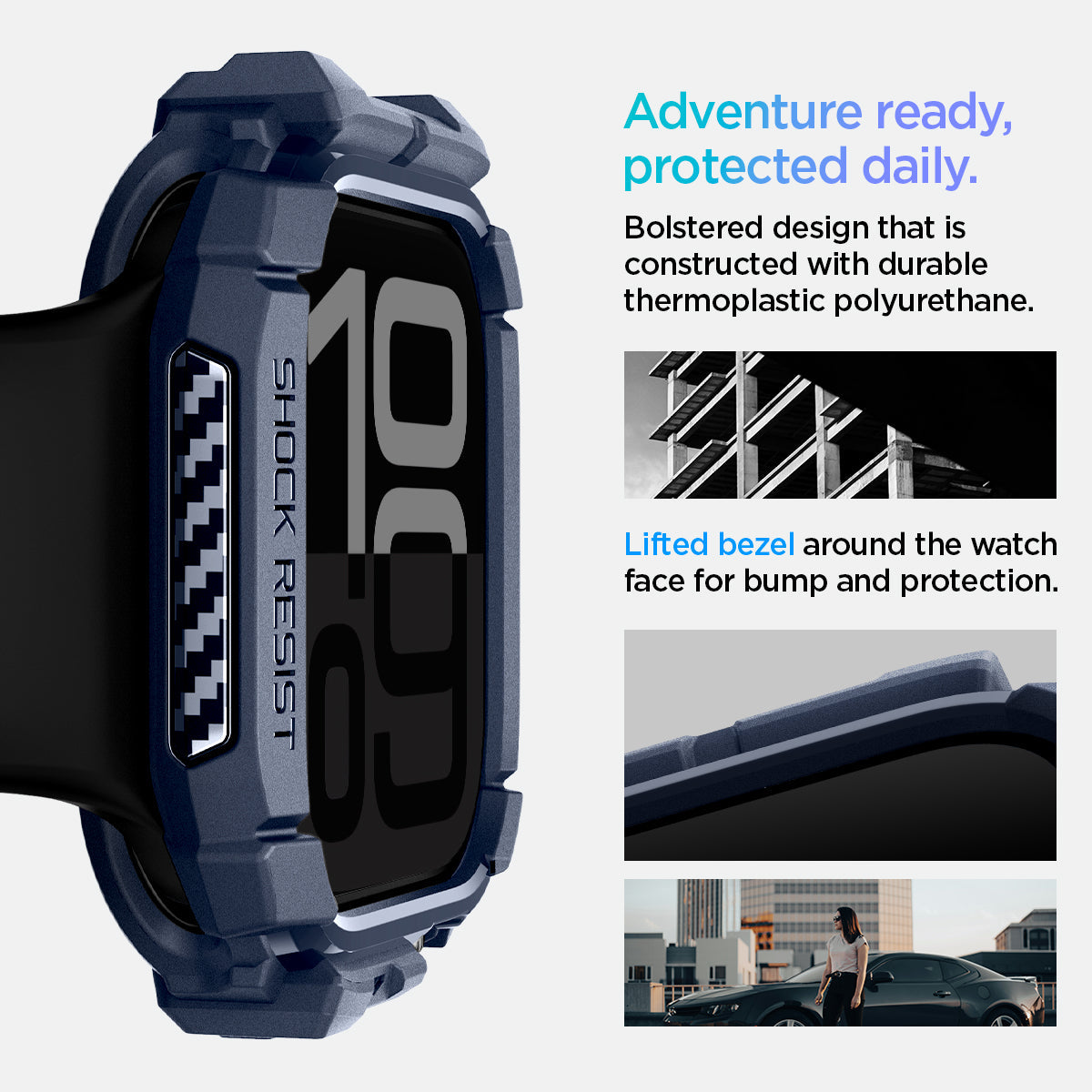 ACS08586 - Apple Watch 10 (42mm) Case Rugged Armor in Navy Blue adventure ready, protected daily. Bolstered design that is constructed with durable thermoplastic polyurethane. Lifted bezel around the watch face for bump protection.