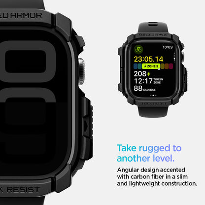 ACS08597 - Apple Watch 10 (46mm) Case Rugged Armor in Matte Black angular design accented with carbon fiber in a slim and lightweight construction. Take rugged to another level.