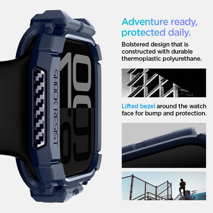 ACS08599 - Apple Watch 10 (46mm) Case Rugged Armor in Navy Blue adventure ready, protected daily. Bolstered design that is constructed with durable thermoplastic polyurethane. Lifted bezel around the watch face for bump protection.