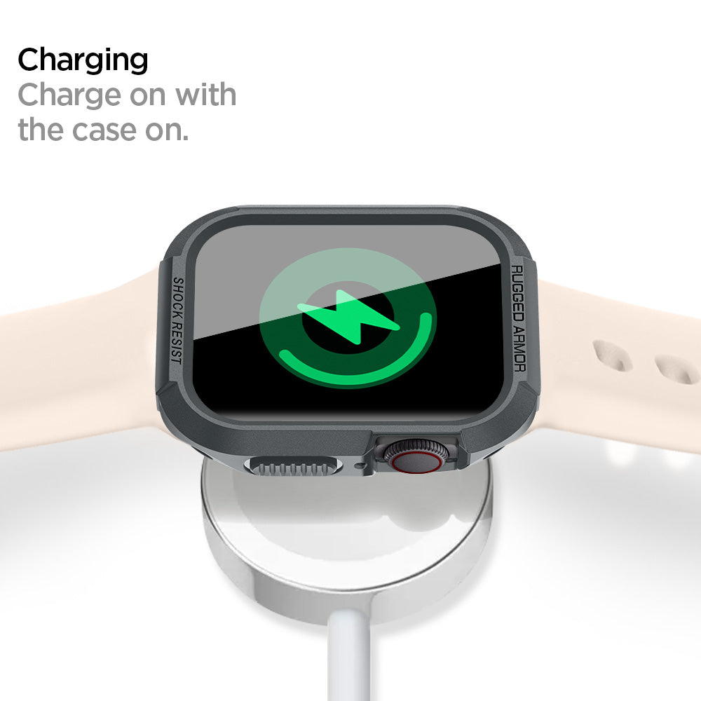 ACS07380 - Apple Watch (45mm) Rugged Armor in Dark Gray charging on with the case on.