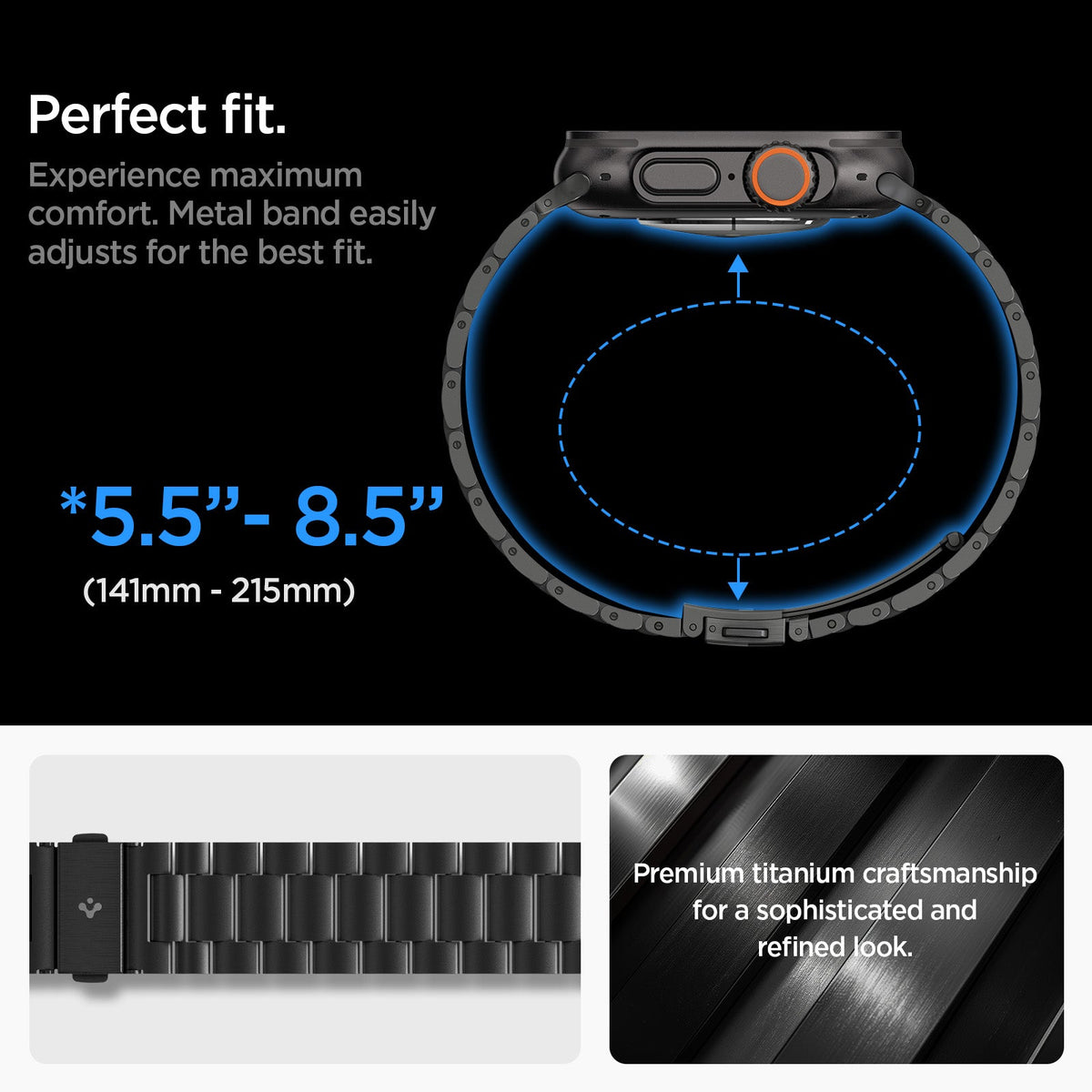 AMP11577 - Apple Watch Series - Modern Fit Titanium Black adjustable metal link band fits wrist sizes from 5.5 to 8.5 inches.