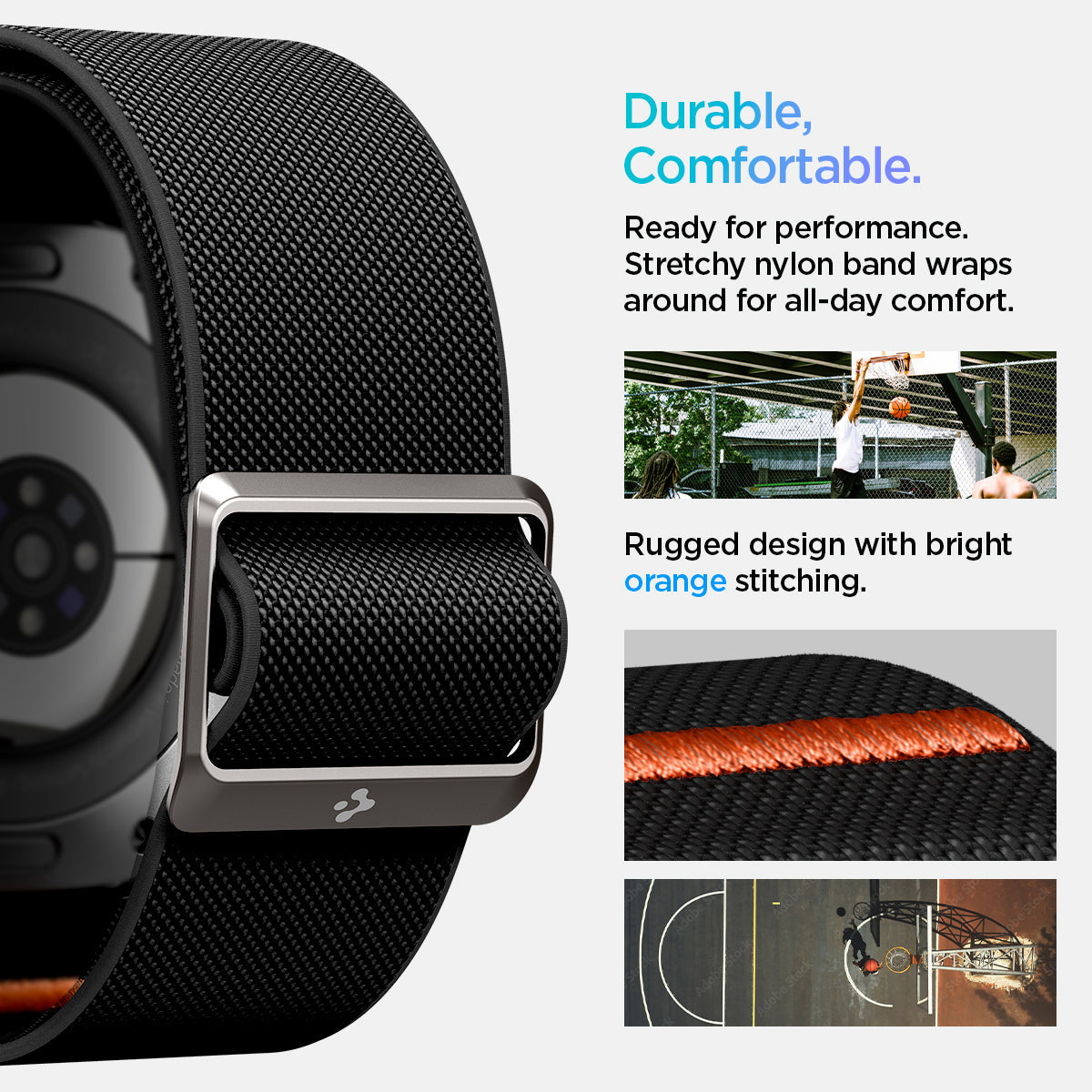 AMP08772 - Galaxy Watch Ultra (47mm) Lite Fit Band in Black durable comfortable. ready for performance. stretchy nylon band wraps around for all day comfort. rugged design with bright orange stitching.