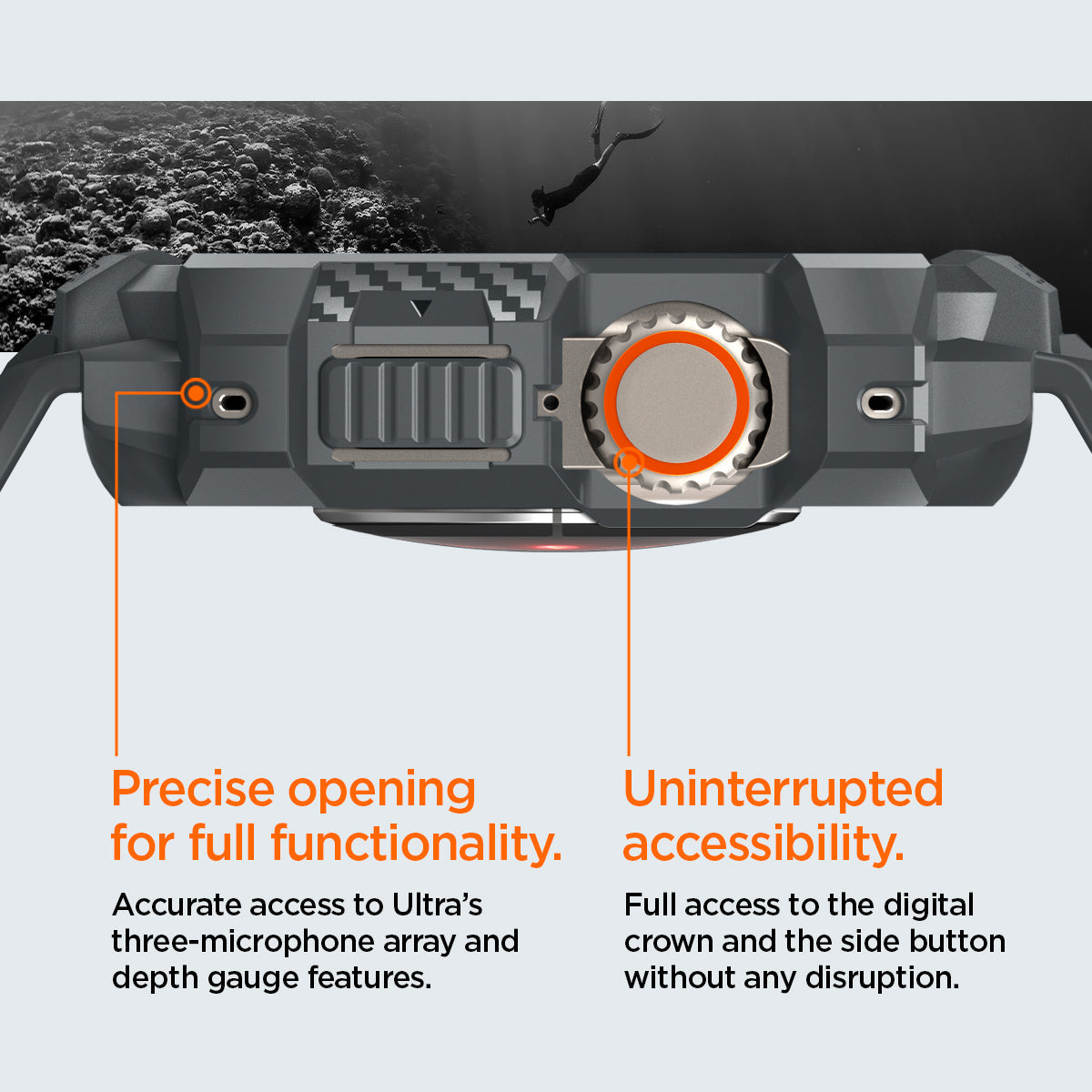 ACS07390 - Apple Watch (49mm) Rugged Armor Pro in Dark Gray showing precise opening for full functionality. Accurate access to Ultra's three-microphone array and depth gauge features. Uninterrupted accessibility. Full access to the digital crown and the side button without any disruption.