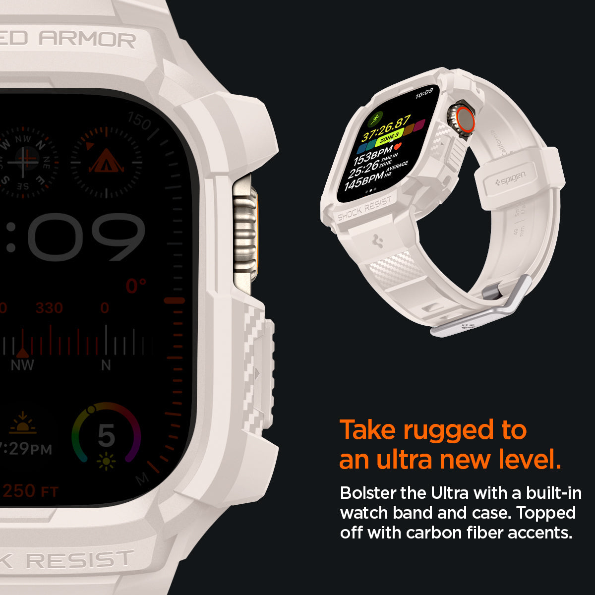 ACS07388 - Apple Watch (49mm) Rugged Armor Pro in Dune Beige bolster the ultra with a built in watch band and case. Topped off with carbon fiber accents. Take rugged to an ultra new level.