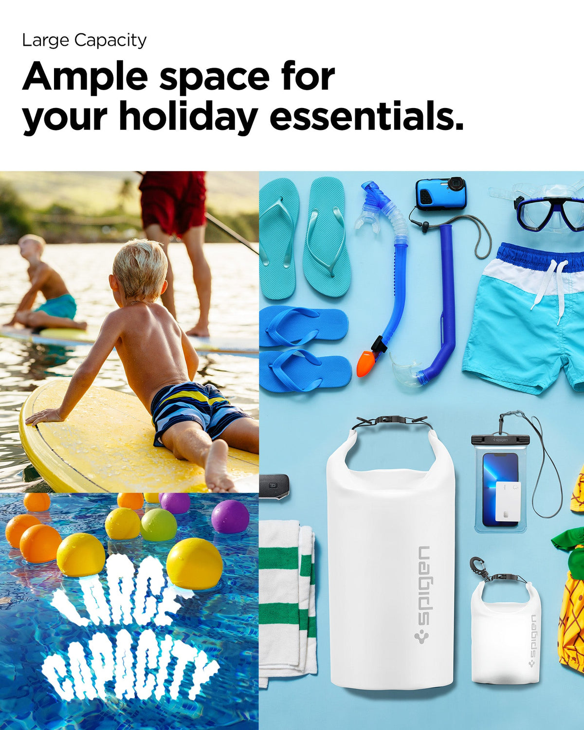 AMP06026 - AquaShield Waterproof Bag A630 in Snow White showing the large capacity, ample space for your holiday essentials