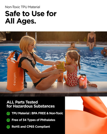 AMP06025 - AquaShield Waterproof Bag A630 in Sunset Orange showing the non-toxic TPU material, safe to use for all ages, all parts tested for hazardous substance bpa free, free of 34 types of phthalates and RoHS and CP65 compliant