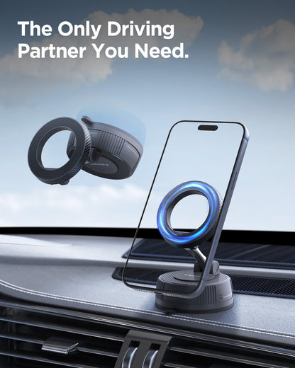 ACP11172 - Spigen Mag Fit Suction Cup Mount showing magnetic phone attachment on car dashboard with stable driving setup