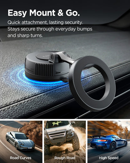 ACP11172 - Spigen Mag Fit Suction Cup Mount installed on car dashboard showing secure magnetic attachment and stability during driving conditions