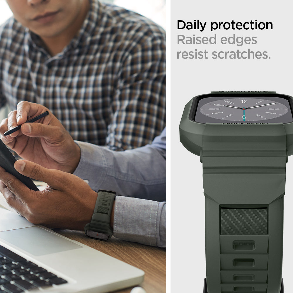 ACS00547 - Apple Watch Series (Apple Watch (41mm)) Case Rugged Armor Pro in military green shows daily protection raised edges resist scratches.