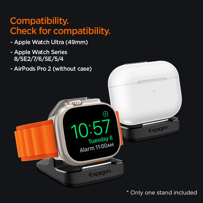 AMP05764 - Apple Watch Rugged Armor Stand in black showing the compatibility. Apple Watch Ultra (49mm), Apple Watch Series 8/SE2/7/6/SE/5/4, AirPods Pro 2 (without case)