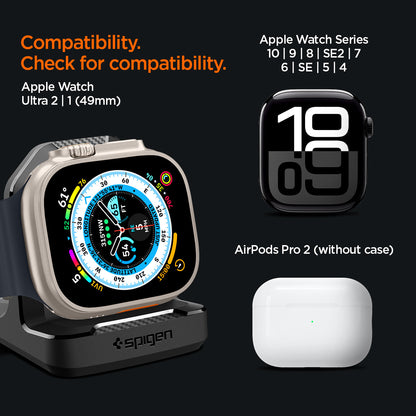 AMP05764 - Apple Watch Rugged Armor Stand in black showing the compatibility. Apple Watch Ultra 2 | 1 (49mm), Apple Watch Series 10 | 9 | SE2 | 7 | 6 | SE | 5 | 4, Airpods Pro 2 (without case)