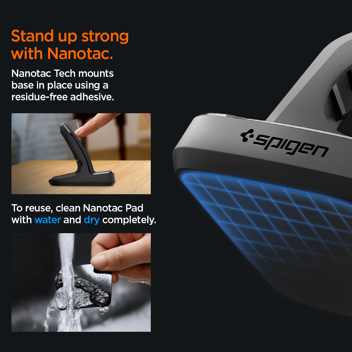 AMP05764 - Apple Watch Rugged Armor Stand in black showing the stand up strong with Nanotac. Nanotac Tech mounts base in place using a residue-free adhesive. To reuse, clean Nanotac Pad with water and dry completely