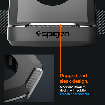 AMP05764 - Apple Watch Rugged Armor Stand in black showing the rugged and sleek design. Sleek and modern design with subtle carbon fiber accents