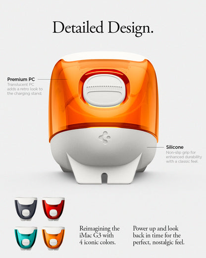 AMP09342 - Apple Watch Classic C1 Charger Stand in tangerine detailed design. premium pc. translucent pc adds a retro look to the charging stand. Silicone. Non slip grip for enhanced durability with a classic feel. Reimagining the iMac G3 with 4 iconic colors. Power up and look back in time for the perfect, nostalgic feel.