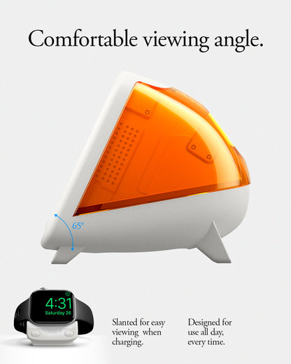 AMP09342 - Apple Watch Classic C1 Charger Stand in tangerine comfortable viewing angle. Slanted or easy viewing when charging. Designed for use all day every time.