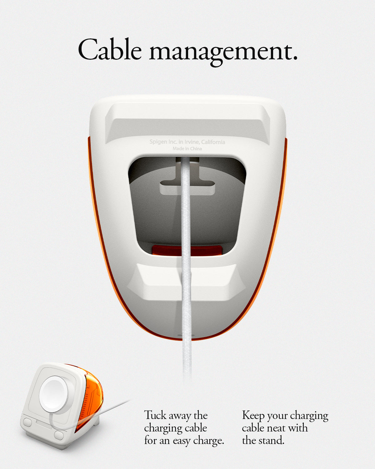 AMP09342 - Apple Watch Classic C1 Charger Stand in tangerine cable management. tuck away the charging cable for an easy charge. Keep your charging cable neat with the stand.