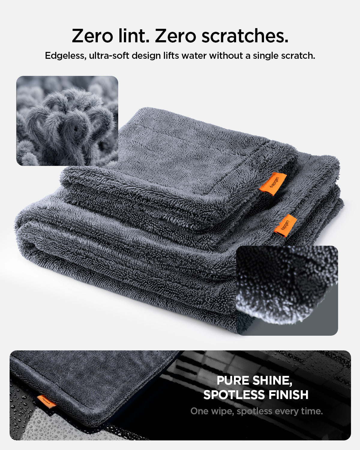 ACP11389 - Folded Spigen microfiber towels with close-up insets showing the soft, edgeless fiber loops that prevent scratches