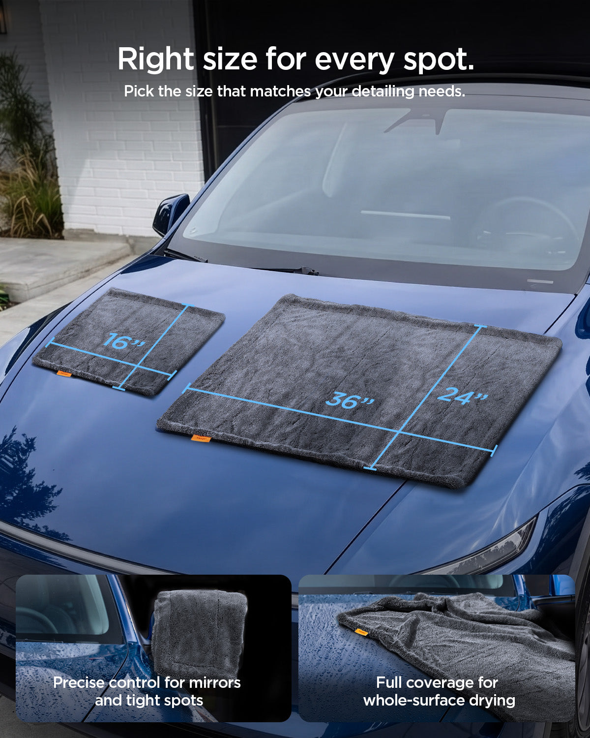 ACP11389 - Two sizes of Spigen microfiber towels, 16 inches and 36 by 24 inches, laid on a car hood to show size options for different detailing tasks