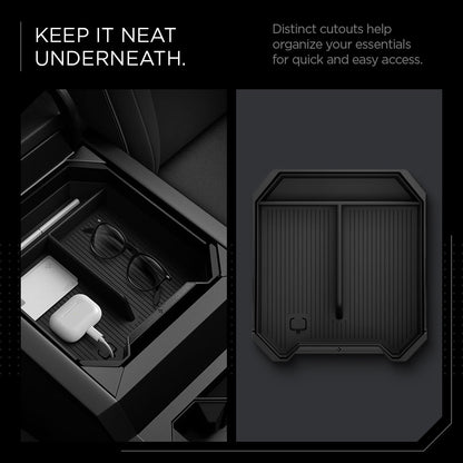 ACP07809 - Tesla Cybertruck Center Console Organizer Tray CO220T in Black keep it neat underneath. distinct cutouts helps organize your essentials for quick and easy access.