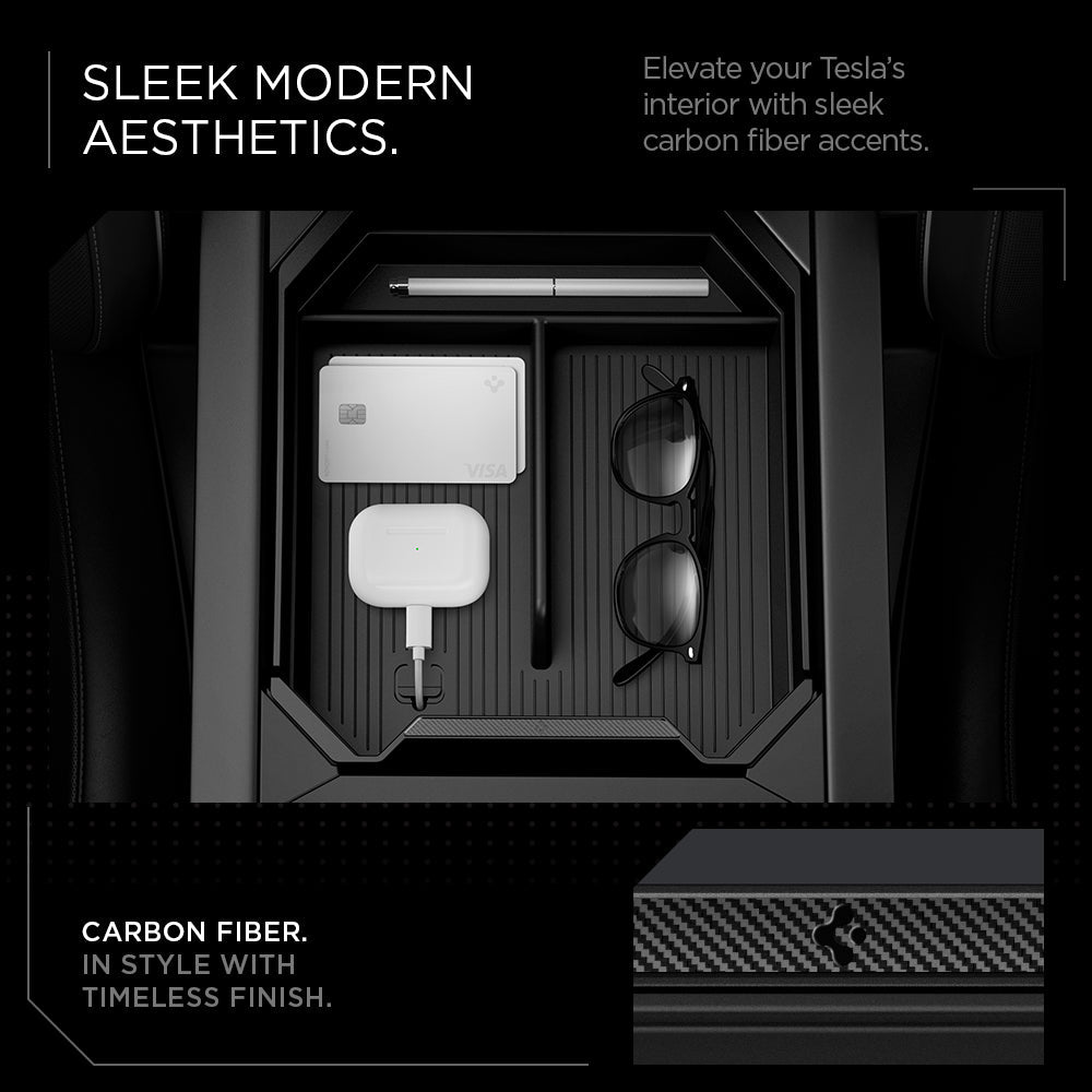 ACP07809 - Tesla Cybertruck Center Console Organizer Tray CO220T in Black sleek modern aesthetics. elevate your tesla's interior with sleek carbon fiber accents. carbon fiber in style with timeless finish.