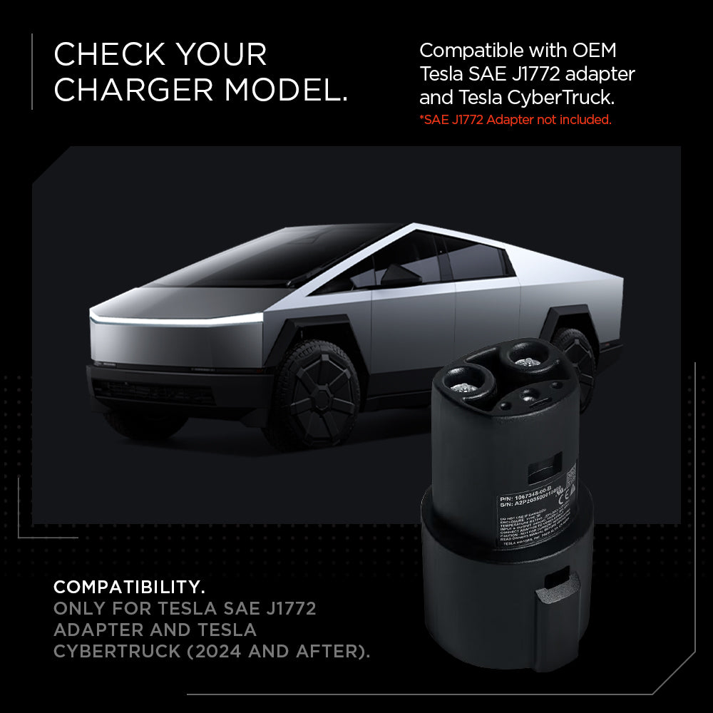 ACP09182 - Tesla cybertruck Charging Adapter Door Dock CO252 in Black check your charger model. Compatible with OEM Tesla SAE J1772 adapter and tesla cyber truck. SAE J1772 adapter not included. compatibility. only for tesla sae j1772 adapter and tesla cybertruck 2024 and after.