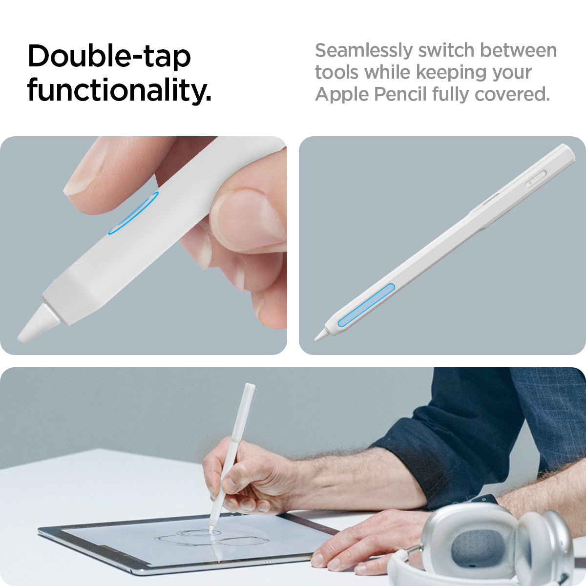 ACS05857 - Apple Pencil Holder DA201 in white showing the double-tap functionality. Seamlessly switch between tools while keeping your Apple Pencil fully covered