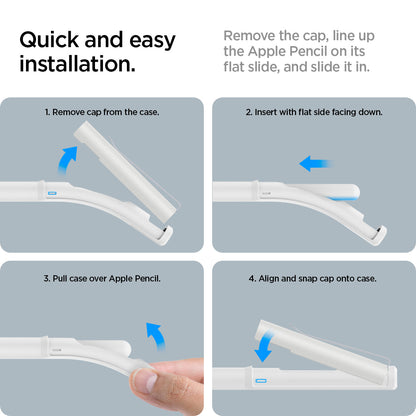 ACS05857 - Apple Pencil Holder DA201 in white showing the quick and easy installation. Remove the cap, line up the Apple Pencil on its flat slide, and slide in 1. Remove cap from the case 2. Insert with flat side facing down 3. Pull case over Apple Pencil 4. Align and snap cap onto case