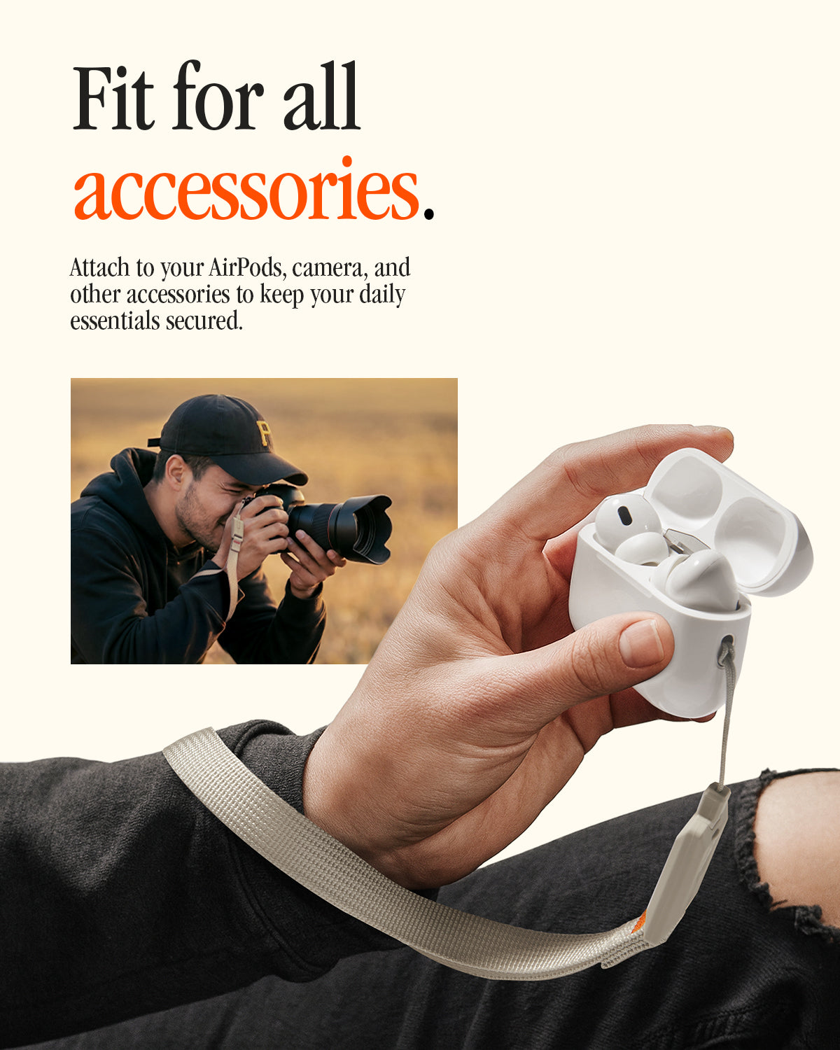 AFA10617 - DA30S LS lanyard strap attached to AirPods case demonstrating universal compatibility with accessories, secure wrist strap design, quick-release connector, and everyday carry use case