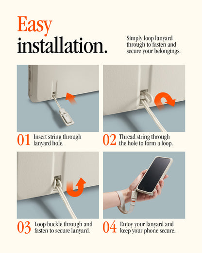 AFA10617 - DA30S LS lanyard easy installation guide showing step-by-step process to insert string through lanyard hole, thread to form a loop, fasten securely, and use lanyard to keep iPhone safe