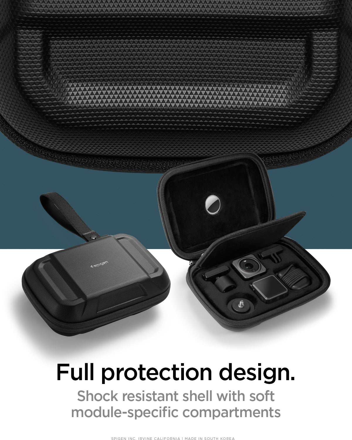 AFA04310 - DJI Action 2 Case Rugged Armor Pro Pouch in black showing the full protection design, shock resistant shell with soft module-specific compartments