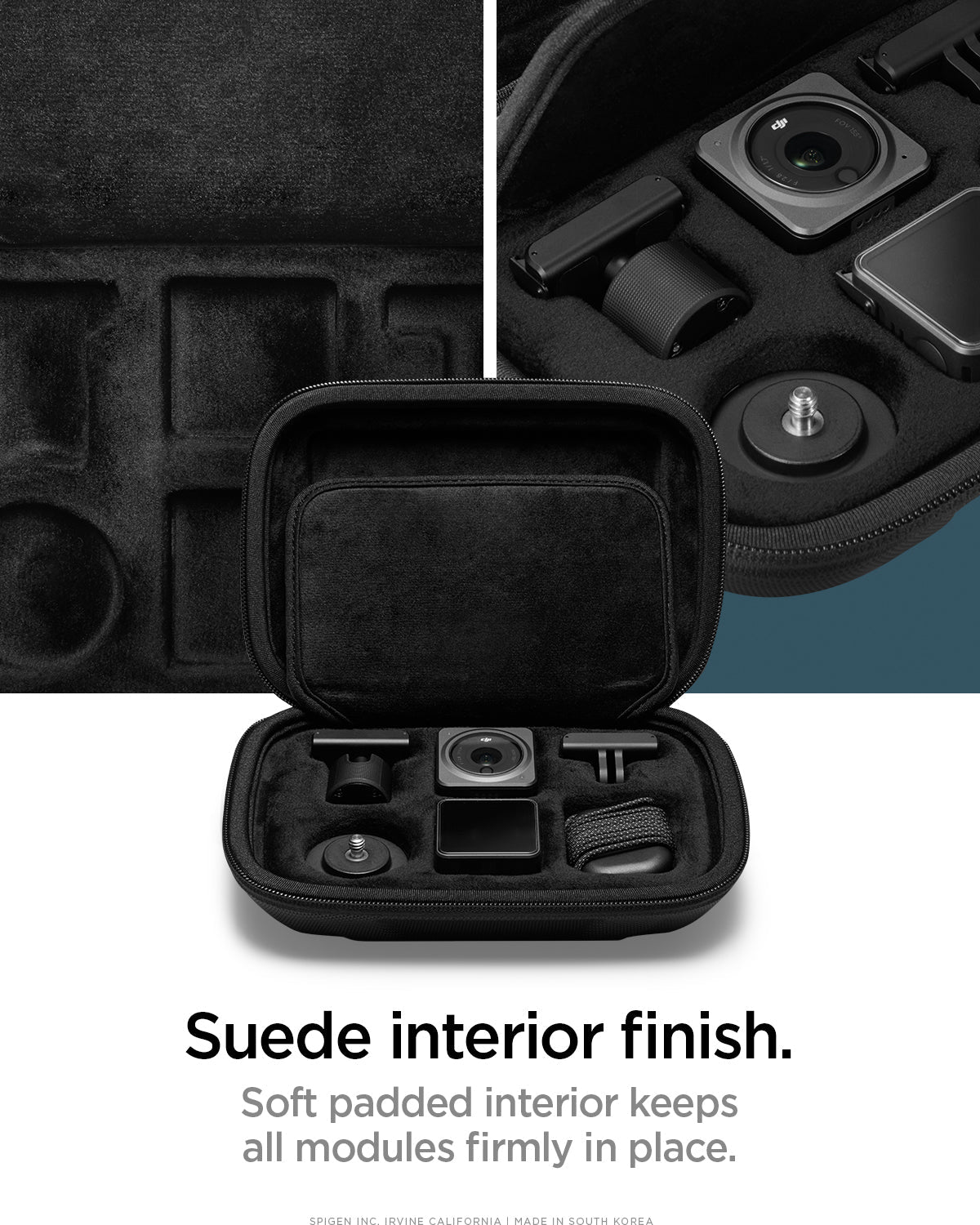 AFA04310 - DJI Action 2 Case Rugged Armor Pro Pouch in black showing the suede interior finish, soft padded interior keeps all modules firmly in place