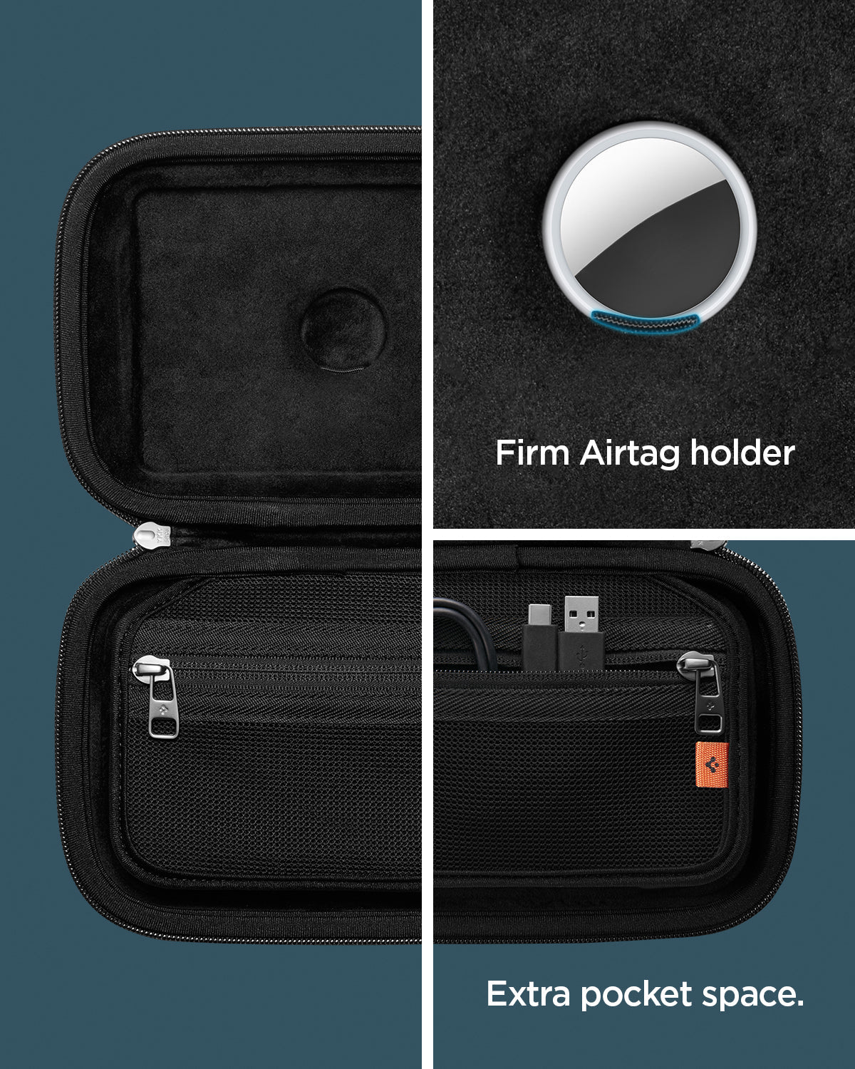 AFA04310 - DJI Action 2 Case Rugged Armor Pro Pouch in black showing the firm Airtag holder, extra pocket for space