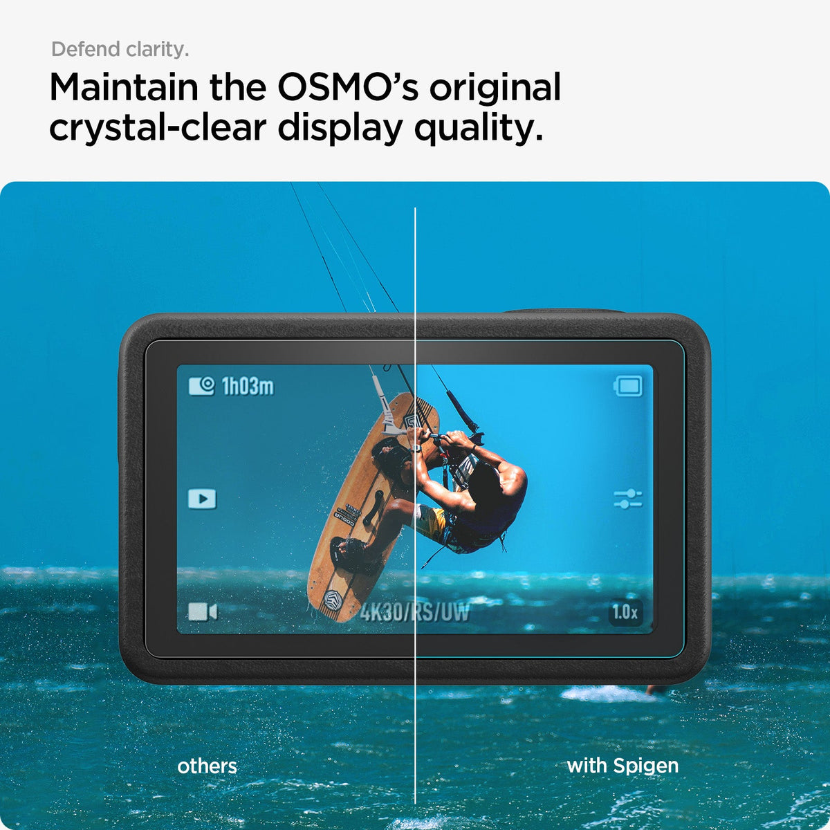 AGL09234 - DJI Osmo Action 5 Glas.tR SLIM in Clear showing how it maintains the OSMO's original crystal-clear display quality