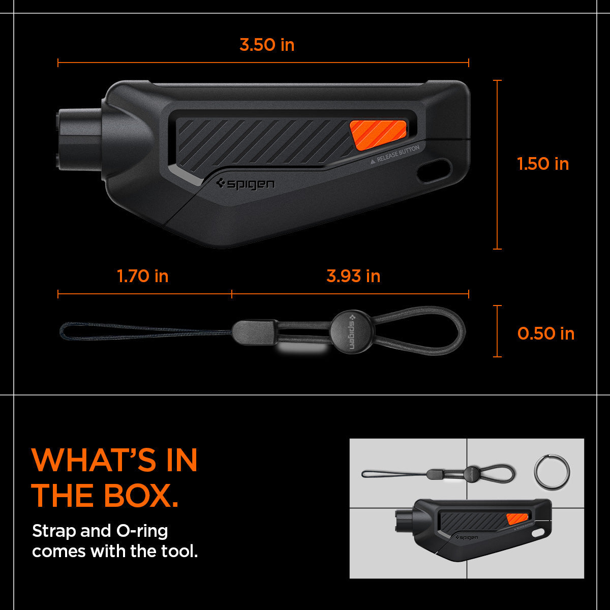 ACP06988 - Car Escape Tool in Black showing the What's in the Box, Strap and O-ring comes with the tool, with the dimension 3.50 in x 1.50 in of a tool and 1.70 in x 3.93 in x 0.50 in string