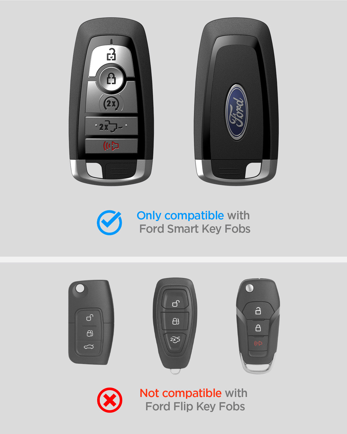 ACS09430 - Ford Key Fob Cover | FK100 in Matte Black showing the compatibility only with Ford Smart Key Fobs. Not compatible with Ford Flip Key Fobs