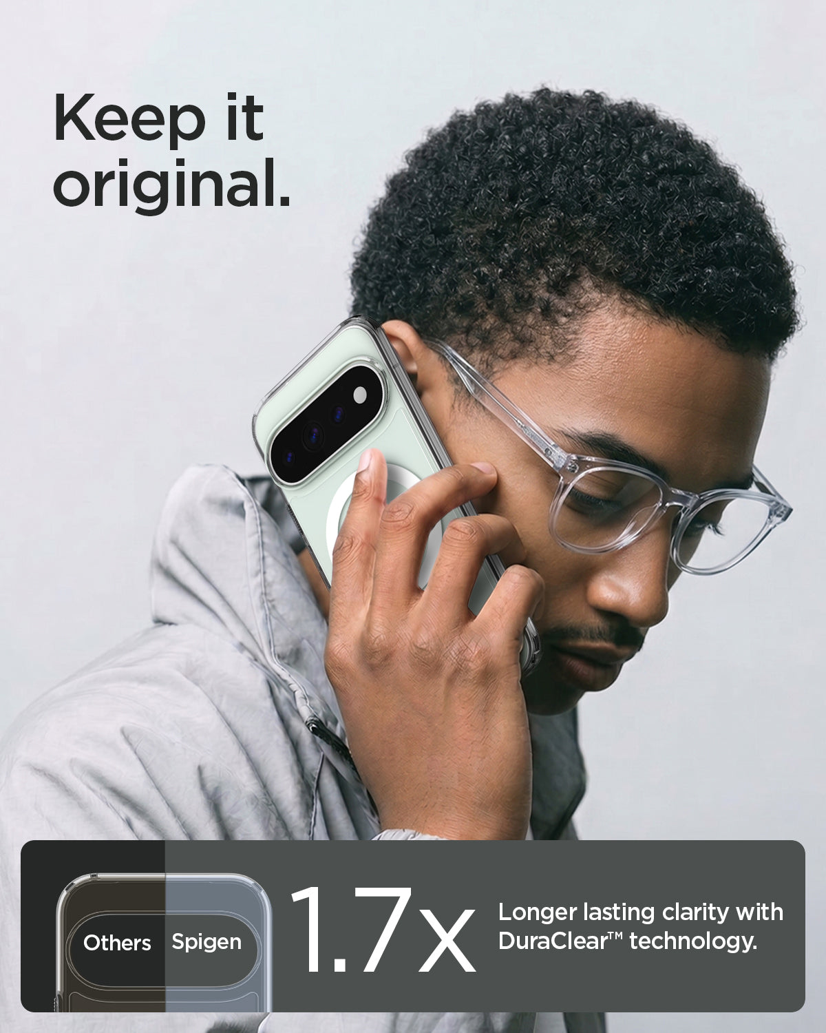 ACS11431 - Pixel 11 Pro Ultra Hybrid (Mag Fit) Clear White person holding the case highlighting DuraClear technology for longer lasting clarity.