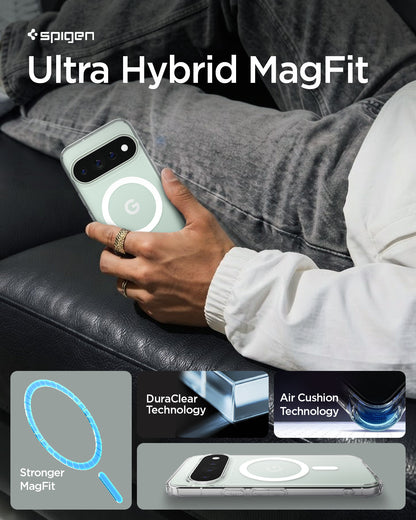 ACS11431 - Pixel 11 Pro Ultra Hybrid (Mag Fit) Clear White lifestyle image featuring the Ultra Hybrid MagFit case with DuraClear technology, Air Cushion protection, and a built in MagFit ring.
