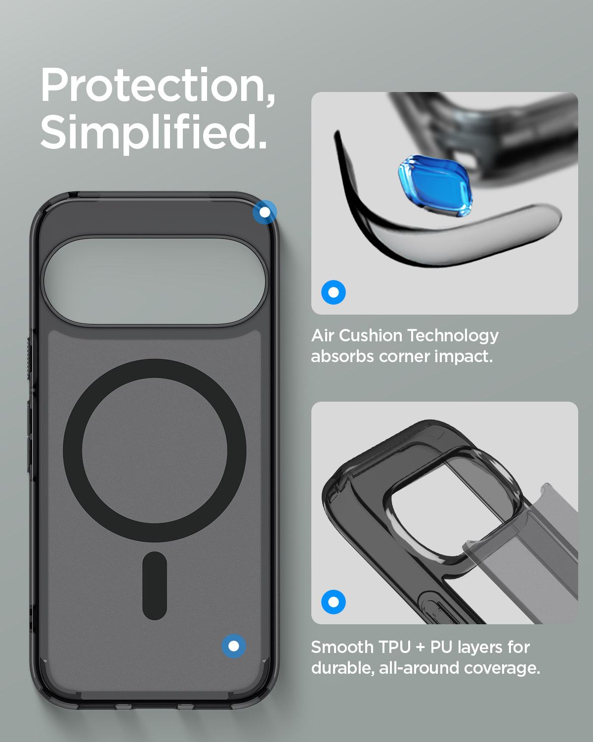 ACS11432 - Pixel 11 Pro Ultra Hybrid (Mag Fit) Frost Black case featuring Air Cushion Technology, reinforced corners, and durable hybrid TPU and PC construction.