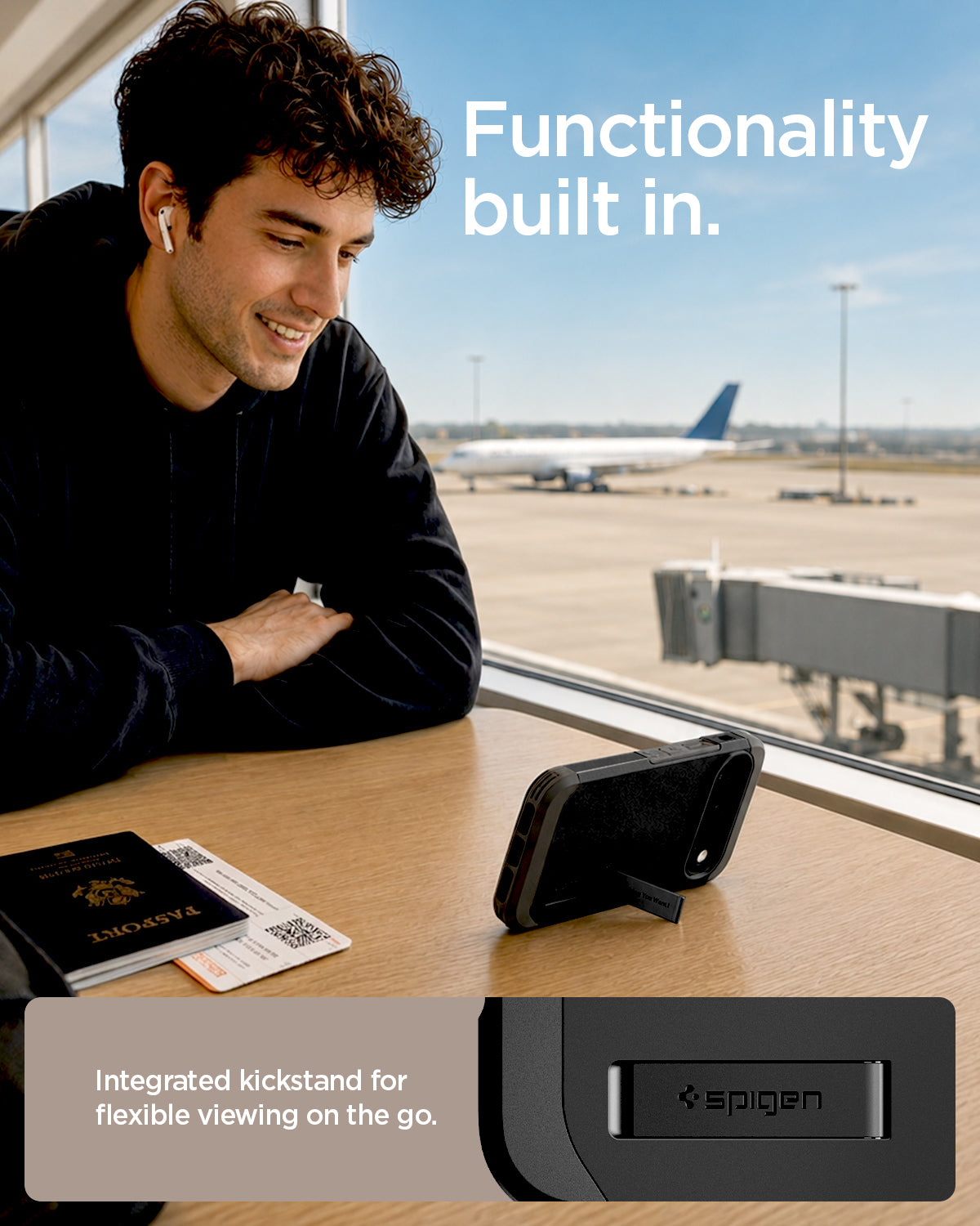 ACS11433 - Pixel 11 Pro Tough Armor (Mag Fit) Black case standing with the built in kickstand for hands free viewing on a table.